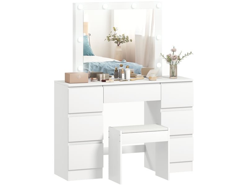  Coiffeuse style hollywood avec miroir, 8 lumières led, 7 tiroirs et tabouret rembourré, blanche  - Conforama B