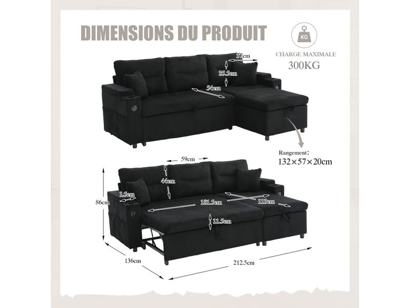  Canapé convertible tcqpz 3 places avec méridienne coffre, lit coulissant, usb-c et porte-gobelets en velours côtelé noir 212,5 x 136 x 86 cm  - Conforama C