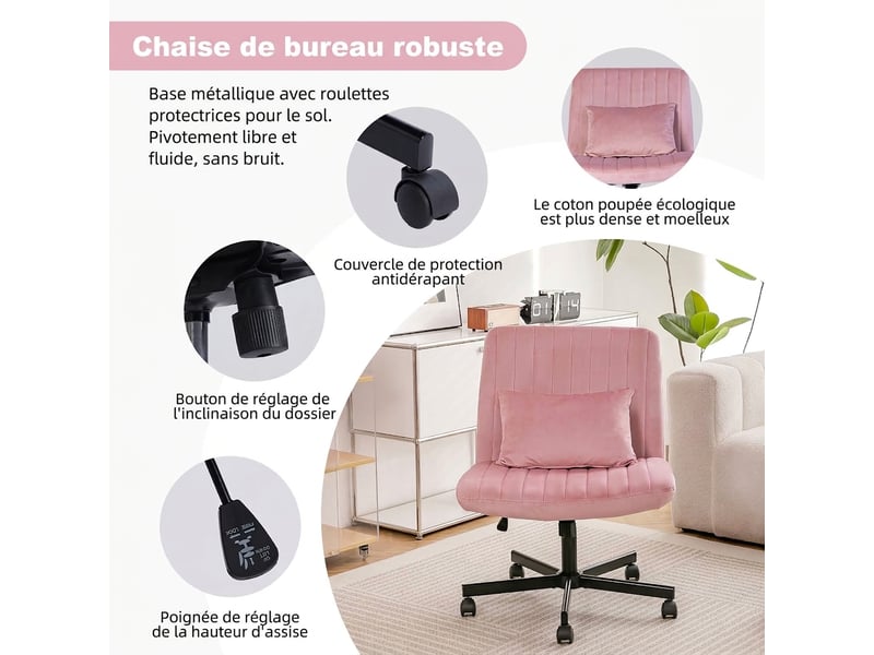  Chaise de bureau en tissu, fauteuil de bureau sans accoudoirs ergonomique, rose clair  - Conforama B