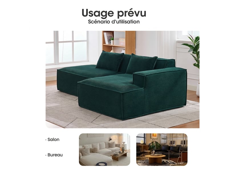  Canapé 2 places en tissu compact 235 cm vert rétro - assise souple et 2 coussins  - Conforama W