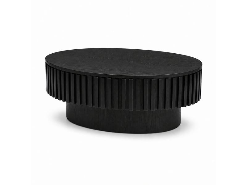  Table basse avec rangement table de salon ovale à rainures verticales rangement caché placage bois massif finition noir mat montage en 5 minutes style moderne  - Conforama C