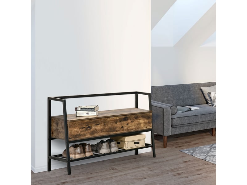  Étagère à chaussures de style industriel avec rangement, banc à chaussures vintage gain de place en bois et métal, marron rustique, 90 x 37 x 60 cm  - Conforama C