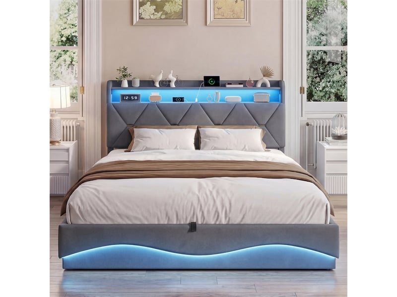  Lit 160x200cm - lit coffre 160x200cm - lit hydraulique avec tête de lit à rangement, led rgb, ports usb et type-c - gris  - Conforama C