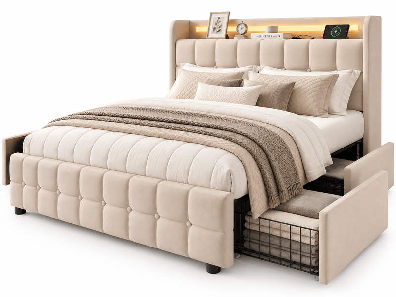  Lit adulte 160x200 avec 4 tiroirs - charge usb et led intégré - lit double avec sommier à lattes  et tête de lit capitonné - lit coffre rembourré avec rangement - cadre de lit - structure de lit ado - 2 personnesplaces - tissu e…  - Conforama A