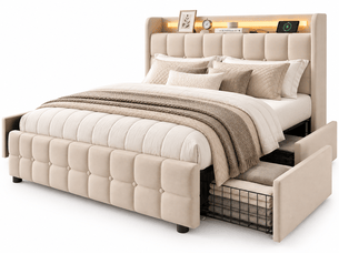 Lit adulte 160x200 avec 4 tiroirs - charge usb et led intégré - lit double avec sommier à lattes et tête de lit capitonné - lit coffre rembourré avec rangement - cadre de lit - structure de lit ado - 2 personnesplaces - tissu en lin -beige-sans matelas