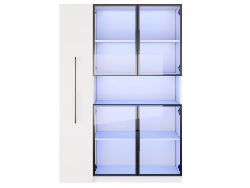  Vitrine en verre blanche avec led, meuble de rangement salon moderne avec étagères coulissantes, 110x35x160 cm.  - Conforama R