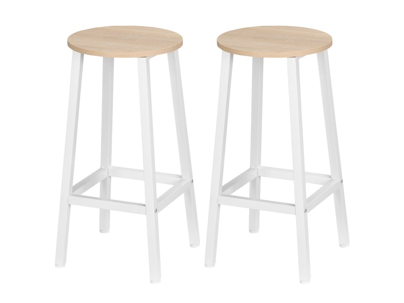  Lot de 2 tabourets de cuisine en aggloméré et acier, assise lisse et repose-pieds, 32,5 x 32,5 x 65 cm, blanc et bois  - Conforama B