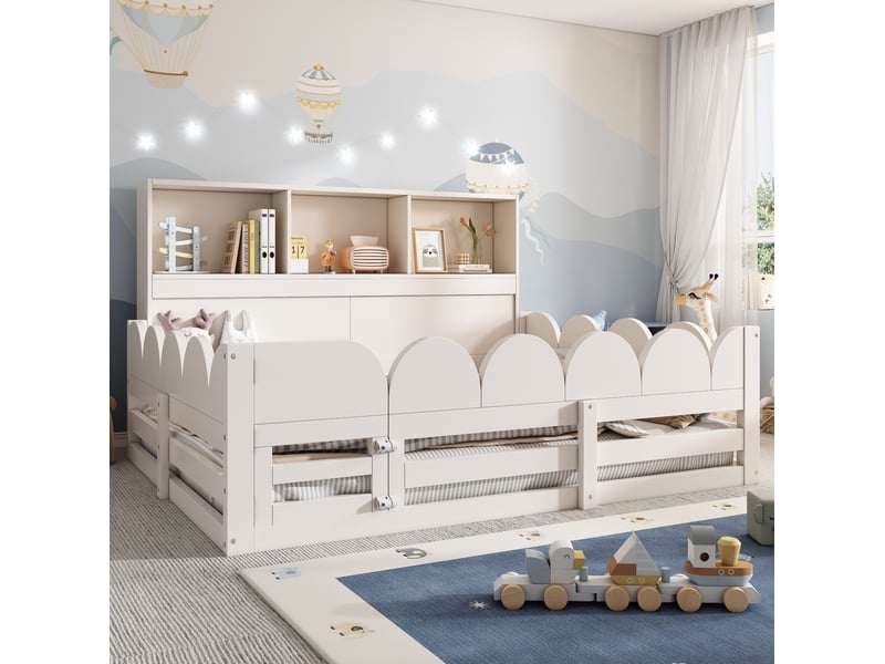  Lit au sol enfant 140x190 cm avec barrière, porte et étagère 3 niches, sommier, blanc  - Conforama E