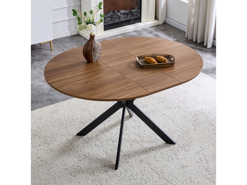  Table à manger extensible 107-137x107x76cm moderne, plateau mdf effet noyer, piètement tripode métal, design élégant, panneaux de bois, noyer et noir Bubbly - Conforama D