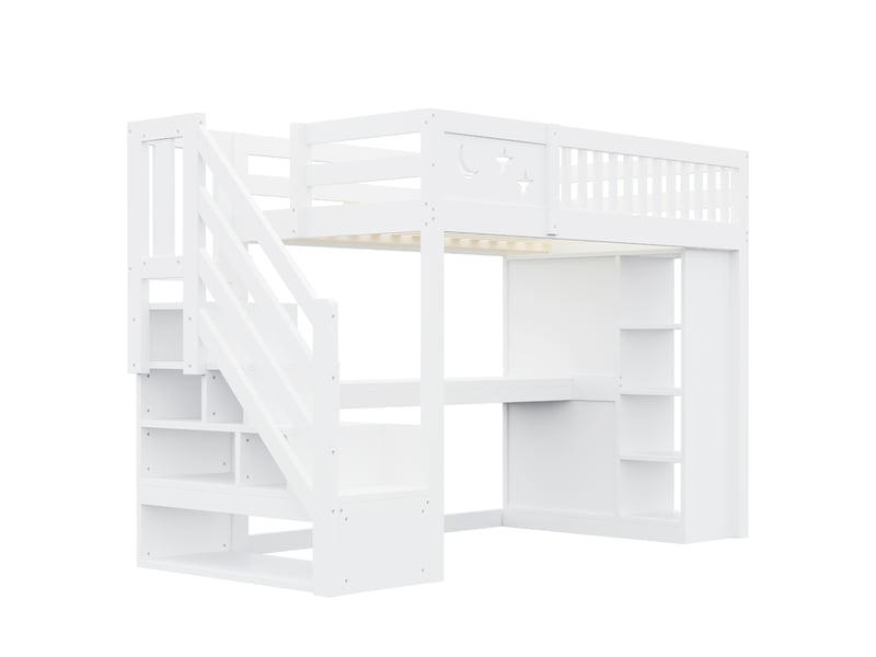 Lit mezzanine 90 × 200 cm, bureau, armoire, étagères, led, prises et escalier-rangement, bois massif et mdf, blanc - Conforama A