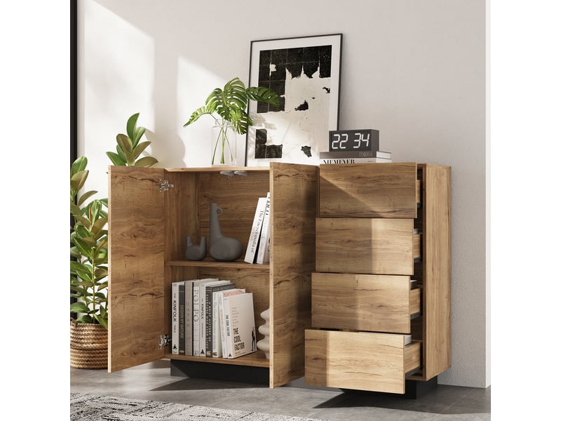  Commode avec tiroirs et portes - l120 x p35.5 x h90.5 cm - naturel et noir - panneau de particules - quatre tiroirs 120x35.5x90.5cm - Conforama D