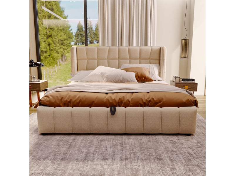  Lit coffre 180 x 200 cm avec rangement pneumatique, tête de lit capitonnée, sommier à lattes, lin beige  - Conforama B