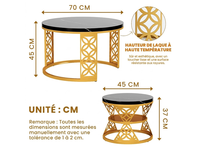  Tables basses gigognes lot de 2 avec pieds réglables et base antidérapante, plateau effet marbre noir, salon  - Conforama D