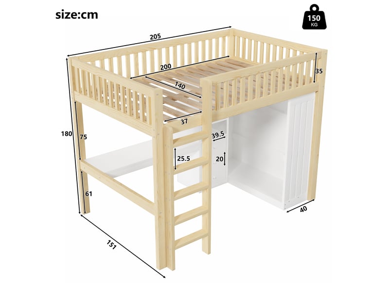  Lit mezzanine double en bois 140x200 cm avec bureau, armoire, 3 tiroirs, rangements ouverts, escalier et garde-corps, pin et mdf, naturel  - Conforama E