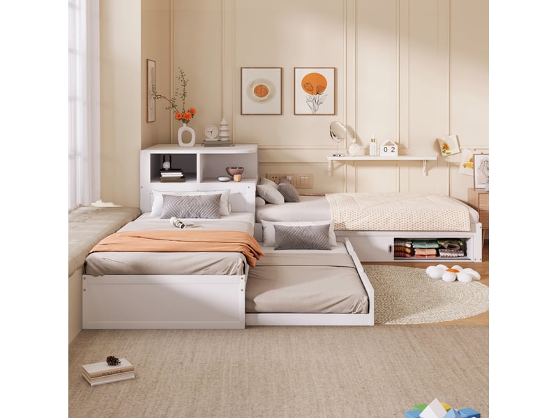 Lit gigogne en l 90x200 cm avec rangement à portes coulissantes et veilleuse led blanc - Conforama D