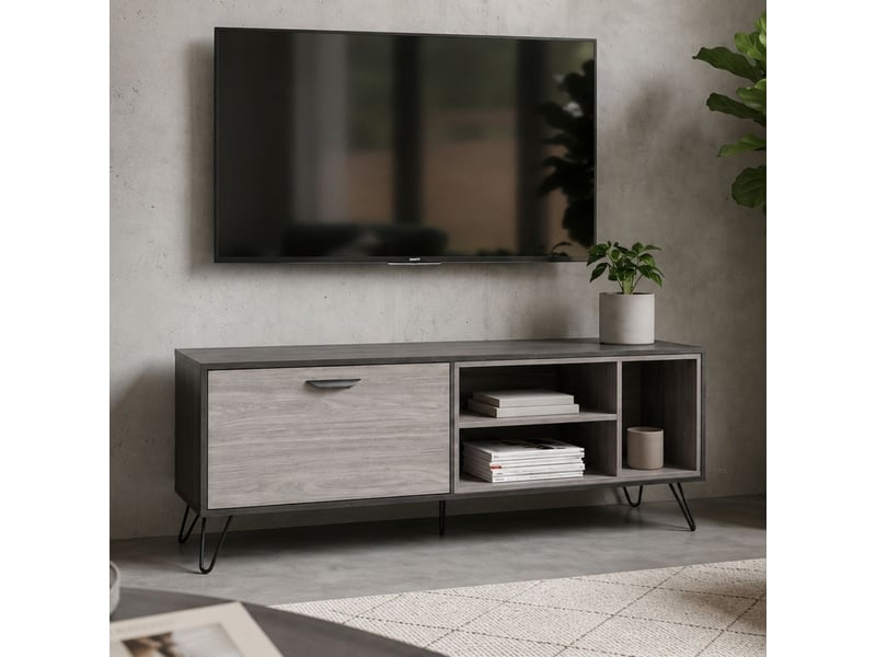  Meuble tv 1 porte 3 niches 150cm aspect bois grisé et noir - brooklyn BROOKLYN - Conforama B