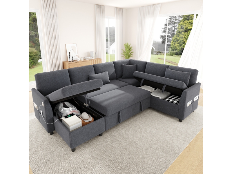 Canapé panoramique convertible en lit 255 cm, 6 places modulable en lu avec méridienne, rangements, usbtype-c, poche latérale, 3 coussins, gris - Conforama B