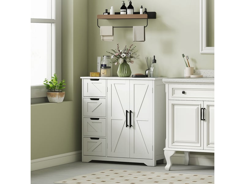  Meuble de salle de bain, meuble de rangement, avec 4 tiroirs, 1 placard, pour petits espaces, blanc, 81,2 x 30 x 83,8 cm  - Conforama D