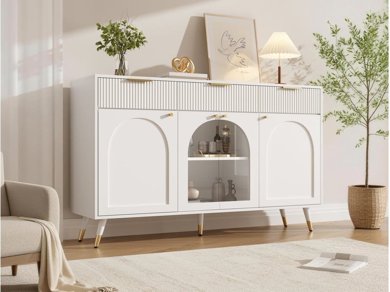  Buffet de rangement 140x40x85,5 cm – blanc – 4 portes, 3 tiroirs, inserts acryliques et fermeture douce  - Conforama B