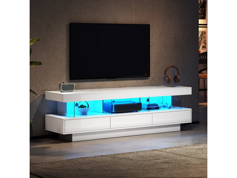  Meuble tv blanc laqué 160 cm avec éclairage led - 3 étagères en verre - pour écran 70 pouces  - Conforama B