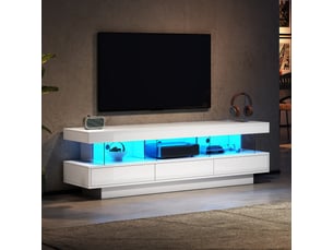 Meuble tv blanc laqué 160 cm avec éclairage led - 3 étagères en verre - pour écran 70 pouces