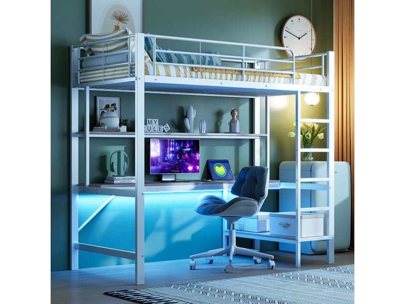  Lit mezzanine enfant 200×90 cm avec bureau, étagères, led et port usb, sans matelas, en métal et mdf blanc  - Conforama B