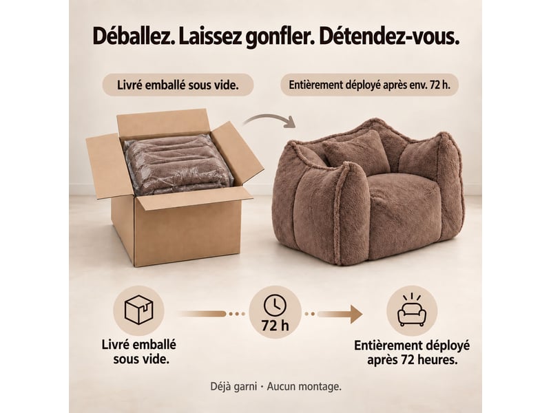  Fauteuil pouf paresseux en fausse fourrure, sans montage, rempli de mousse déchiquetée haute densité, design ergonomique,khaki  - Conforama D