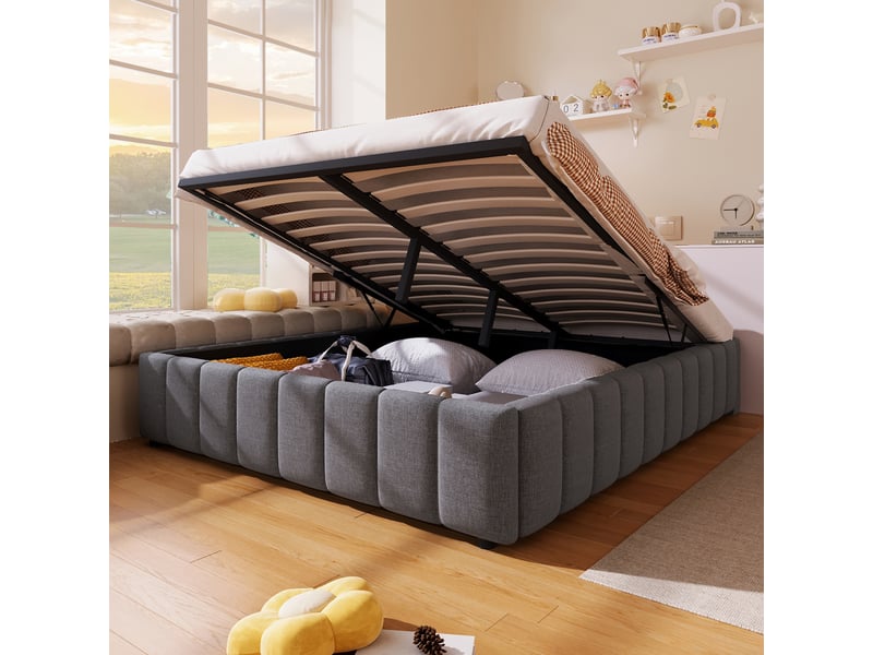  Sommier coffre 140x200 cm avec rangement, lin et mdf, gris, sans matelas  - Conforama R