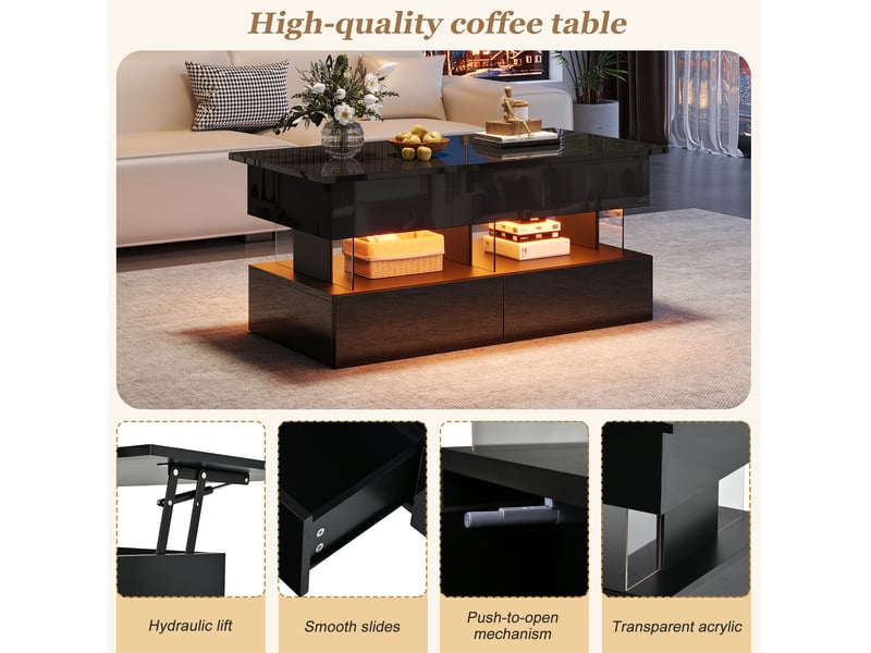  Table basse relevable avec 2 tiroirs, rangement caché, niche ouverte et led pour salon, 100 × 50 × 46 cm  - Conforama E