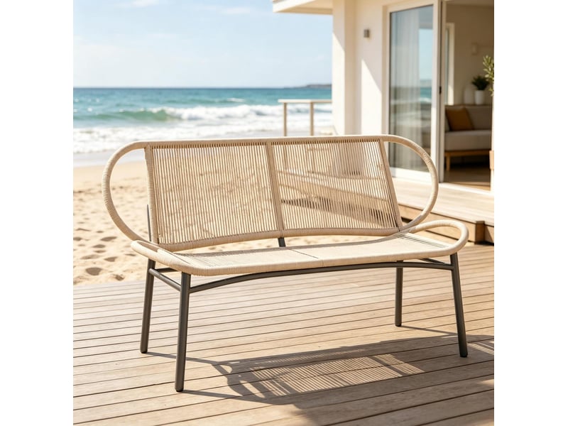 Banc de jardin 2 places avec assise en résine tressée, structure métal noir - Conforama B