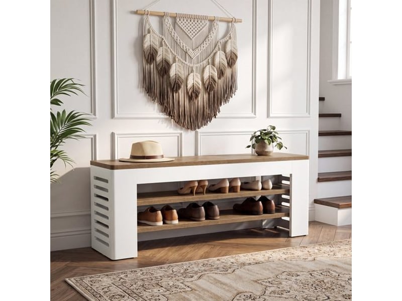  Banc à chaussures de 140 cm (55 po) à 3 niveaux pour entrée, capacité jusqu'à 15 paires, meuble de rangement moderne pour chaussures, banc long avec étagères ; idéal pour le bout de lit, le couloir, la chambre ou l'entrée ; blan…  - Conforama D
