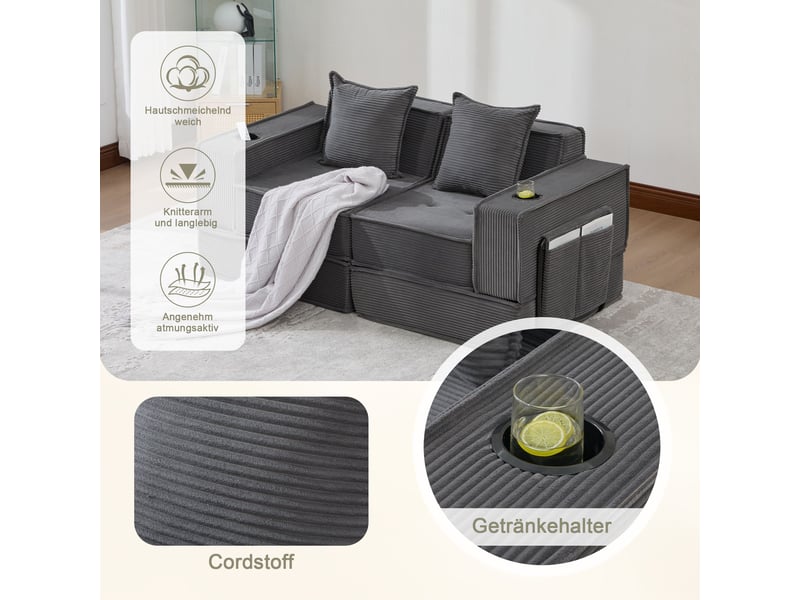  Canapé-lit 2 places convertible avec pouf de rangement, 2 coussins inclus, poches latérales, tissu doux, canapé modulable confortable  - Conforama C