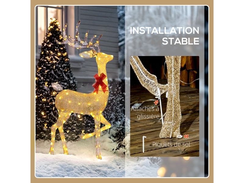  3 cerfs lumineux noël, en forme de famille de cerfs, rennes lumineux noël, en acier, 283 led blanc chaud, or  - Conforama W