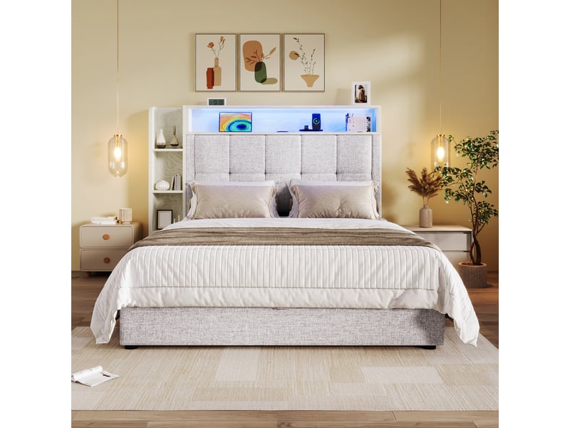  Lit coffre 90x200 cm en lin beige avec led, usb et usb type-c  - Conforama D