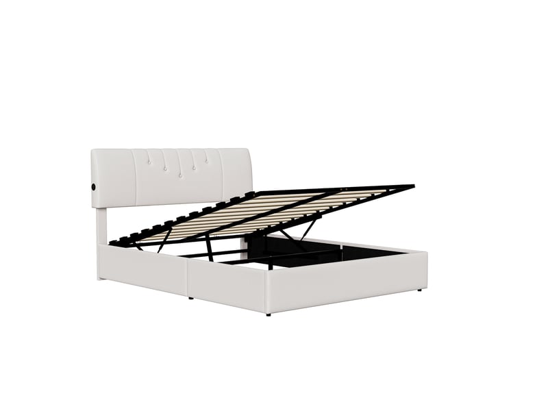  Lit coffre 140x190cm - lit double 140x190 - tissu bouclette avec ports usbtype-c latéraux, tête réglable - blanc cassé  - Conforama A