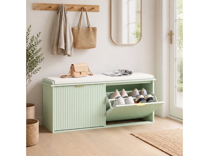  Banc à chaussures avec coussin d'assise rembourré et tiroir rabattable pour couloir, chambre, 104 x 26 x 47,5 cm, vert  - Conforama D