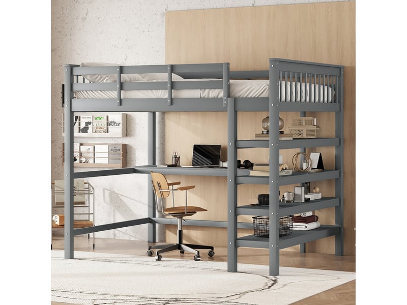  Lit mezzanine enfant 140x200 cm avec bureau et étagères coloris gris  - Conforama B