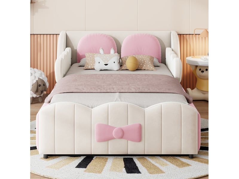  Lit enfant 90 × 200 cm avec coffre hydraulique, 12 lattes et deux coussins décoratifs en velours beige pour chambre  - Conforama D
