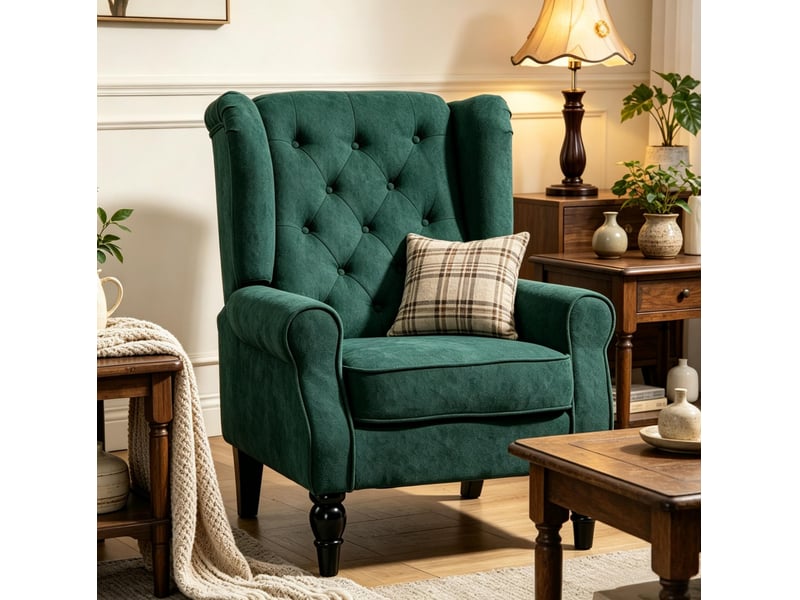  Fauteuil à oreilles capitonné en tissu polyester vert foncé, pieds en bois  - Conforama B