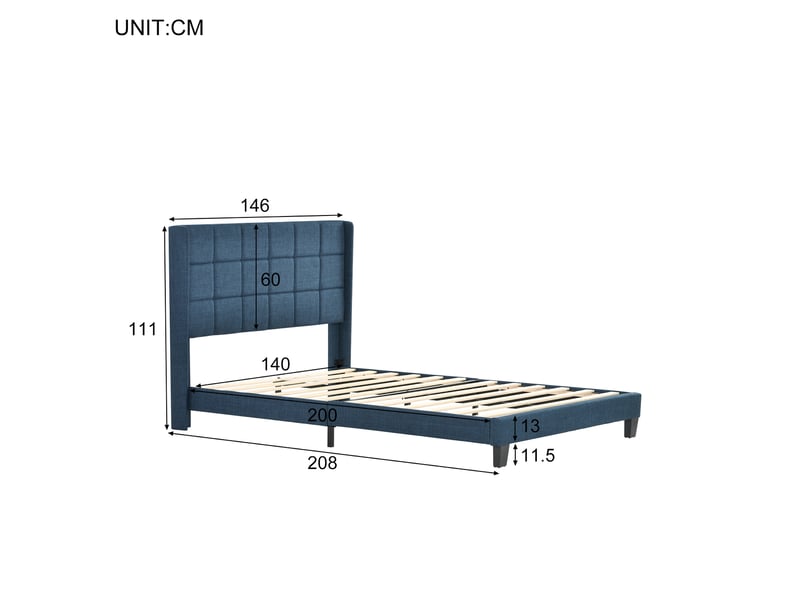  Lit double 140x200 - lit rembourré avec sommier à lattes - lin - matelas inclus - bleu  - Conforama E