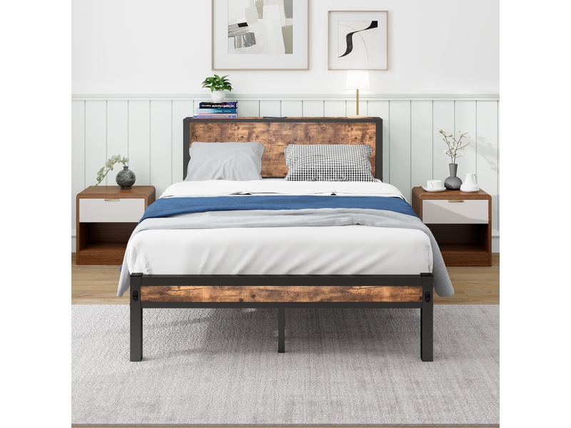  Lit simple 120×200 cm avec tête de lit et rangement - okmyhome- sans matelas, mdf et métal, brun antique  - Conforama C