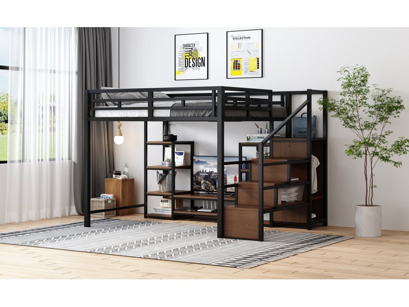  Lit mezzanine 2 places 200×140 cm avec support tv, prise et échelle de rangement - okmyhome- noir, sans matelas  - Conforama E