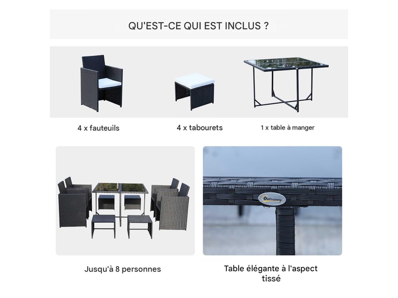  Salon de jardin 8 personnes en résine tressée et métal noir  - Conforama E