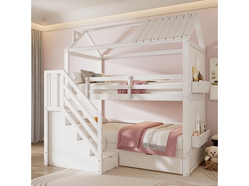 Lit superposé enfant 90x200 multifonction blanc avec escalier de rangement et tiroirs  - Conforama D