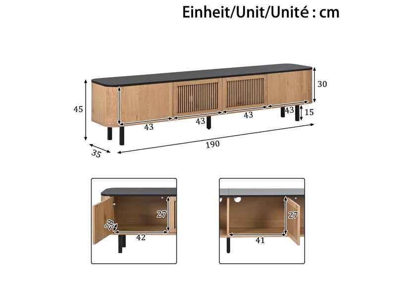  Meuble tv bas 190 x 35 x 45 cm en mdf et panneaux de particules, chêne et noir  - Conforama C