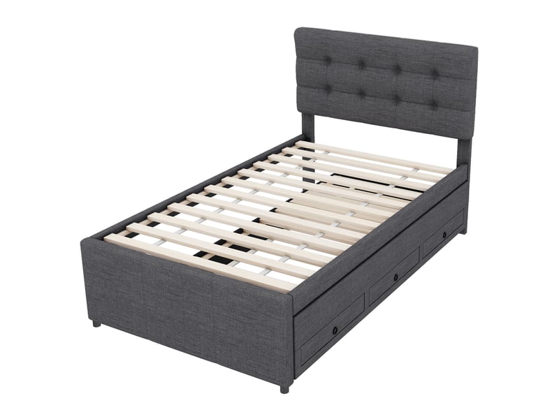  Lit simple 90x200 cm avec gigogne 90x190 cm et 3 tiroirs, lin, gris, sans matelas  - Conforama E