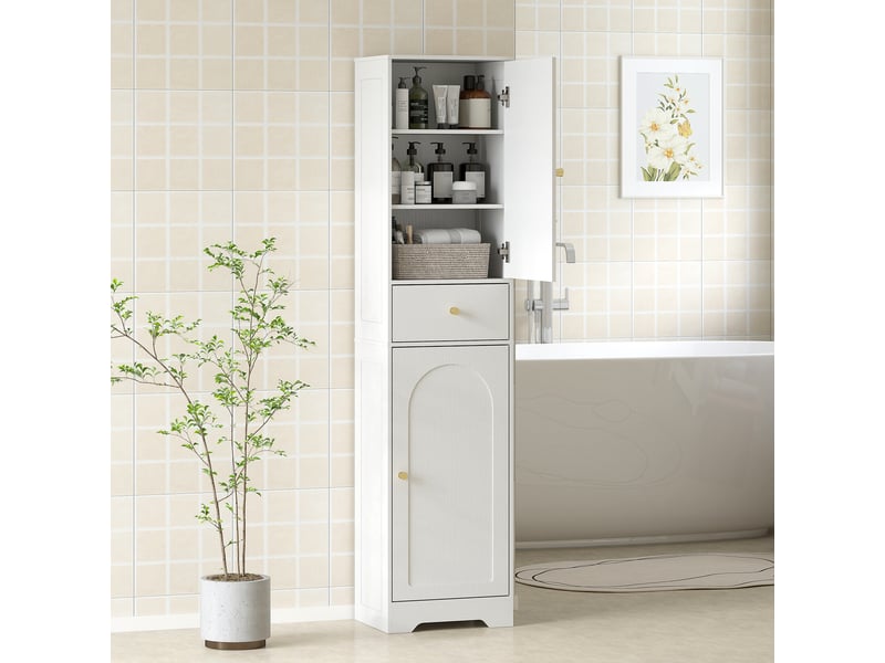  Meuble de salle de bain haut et étroit avec 2 portes cintrées, tiroir et étagères réglables, style moderne, 40 x 29,5 x 170 cm, finition bois blanc.  - Conforama C