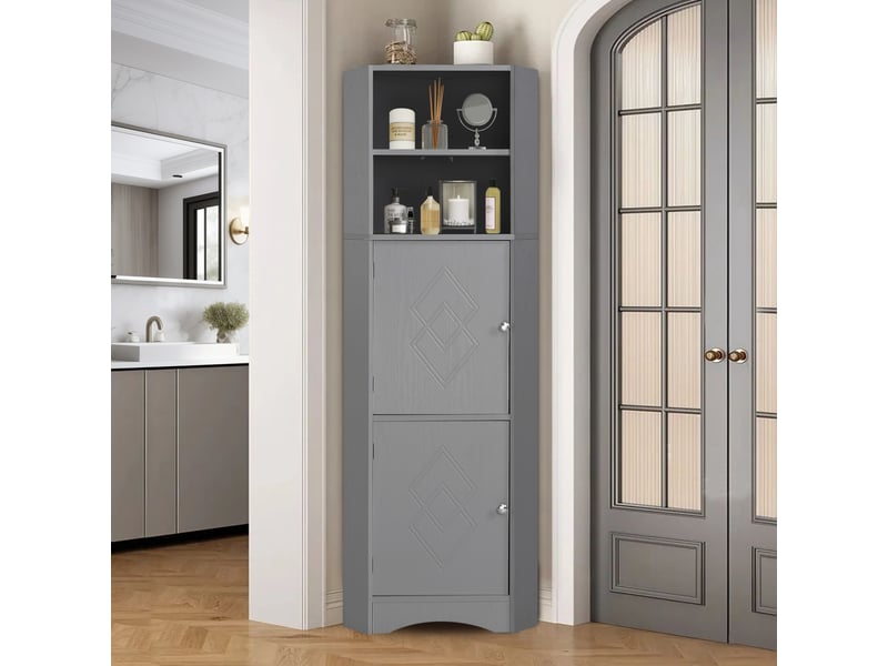  Meuble de salle de bain d'angle avec 2 compartiments, niche ouverte et étagère réglable, 36,5 x 36,5 x 155 cm, gris  - Conforama C
