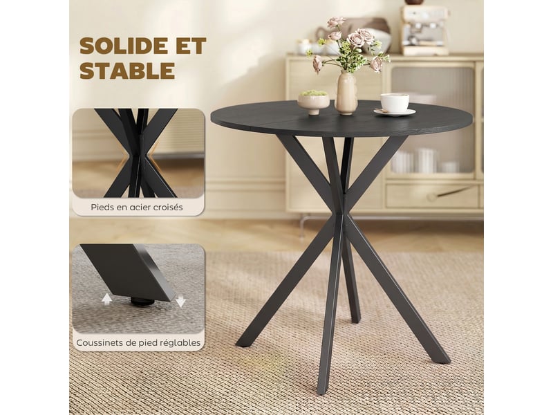  Table à manger ronde pour 2 personnes avec plateau aspect bois et piètement croisé en acier, noir  - Conforama R