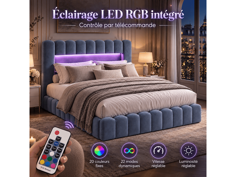  Lit coffre 180 x 200 cm avec led et ports usb,lit double rembourré , rangement hydraulique, lit fonctionnel,velours ,gris  - Conforama R